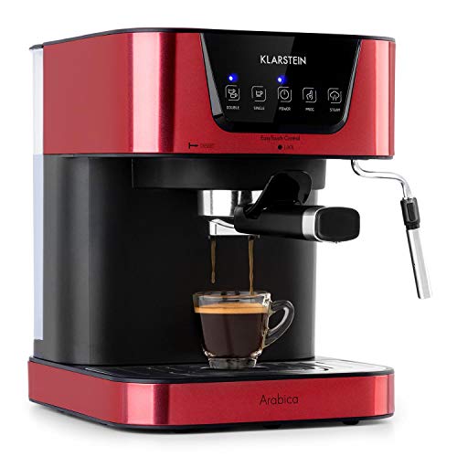 KLARSTEIN Arabica - Macchina per Caffè Espresso, 1050 Watt, 15 Bar, Serbatoio Rimovibile: 1,5 L, Display Digitale LED, Griglia di Gocciolamento Lavabile, Ugello Mobile per Latte, Acciaio Inox, Rosso