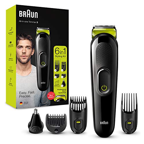 Braun Regolabarba Tagliacapelli Uomo Rasoio incluso, Rifinitore Barba, Accessori Inclusi, 85% di Plastica in Meno, Idea Regalo, MGK3221 All-in-One Nero e Lime