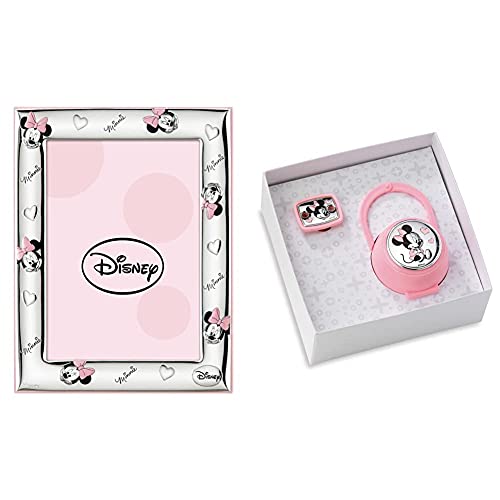 VALENTI & CO. Disney Baby Minnie Mouse Cornice Porta Foto Da Tavolo In Argento Per Neonato E Bambina & Disney Clip Ciuccio, Catenella Portaciuccio Con Box In Argento