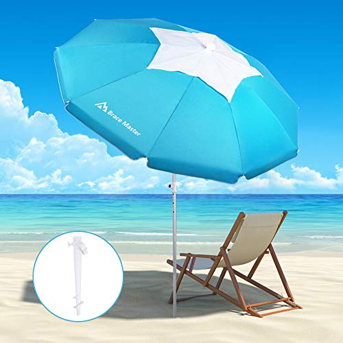 Ombrellone da spiaggia Brace Master 6.5 piedi con ancoraggio di sabbia - Design svuotato UV 50+ con ombrellone da spiaggia inclinabile in alluminio con borsa da trasporto per patio esterno