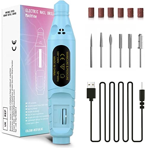 Fresa per Unghie, Lima Elettrica per Unghie Portatile Velocità Regolabile 18000 giri/min, USB Manicure Pedicure Set con 6 Punte per Trapano con Gambo per Nail Salon Manicure Fai (Rosa Rossa)