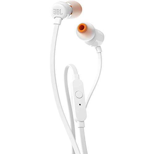 JBL T110 Cuffie In Ear con Microfono, Cavo Piatto Antigroviglio, Comando a un pulsante, JBL Pure Bass Sound, Bianco